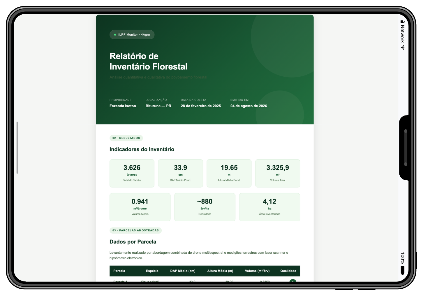 Geração de relatórios do inventário florestal